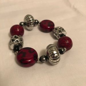 Red and Silver Beaded Stretch Bracelet